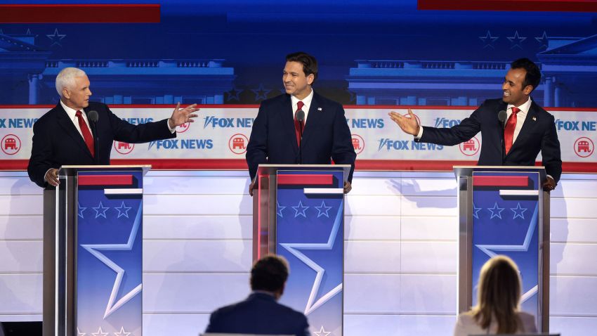Republican presidential candidates former Vice President Mike Pence, Florida Gov. Ron DeSantis and Vivek Ramaswamy participate in the first debate of the GOP primary season hosted by FOX News at the Fiserv Forum on August 23, 2023 in Milwaukee, Wisconsin. 
