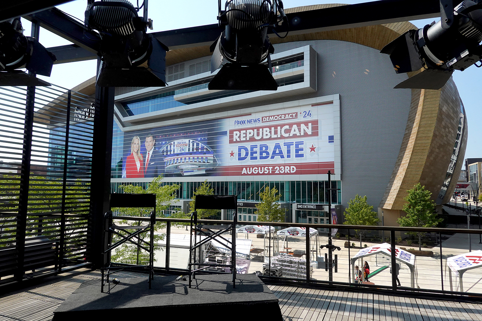 The Fiserv Forum is prepared for the Republican presidential debate in Milwaukee, Wisconsin. 