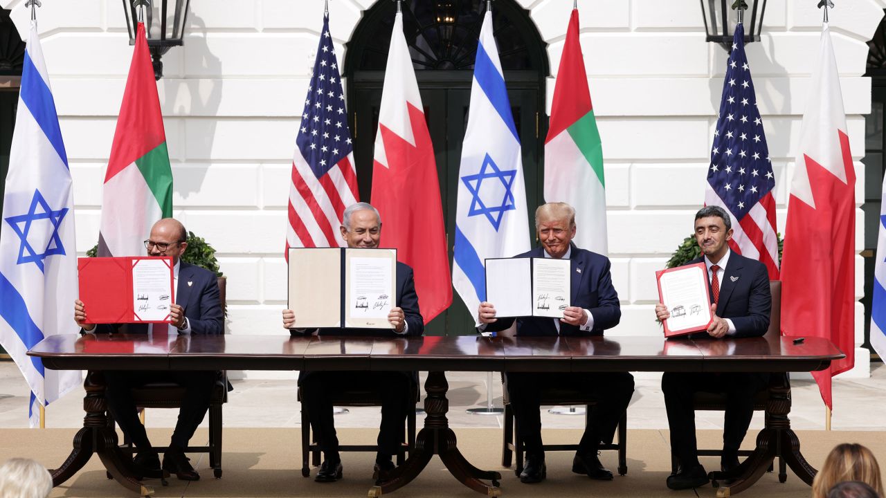 Trump appeared at the White House for the Abraham Accords signing ceremony with Foreign Affairs Minister of Bahrain Abdullatif bin Rashid Al Zayani, Prime Minister of Israel Benjamin Netanyahu, and Foreign Affairs Minister of the United Arab Emirates Abdullah bin Zayed bin Sultan Al Nahyan.